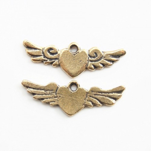 Heart with wing charm bronze tone 23x8mm x 2pcs