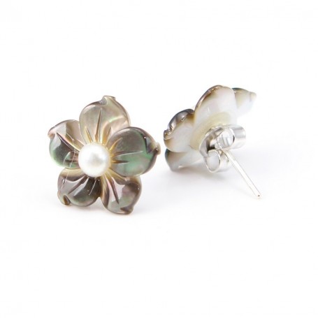 Boucles d'oreilles : nacre grise en fleur & argent 925 15mm x 2pcs 