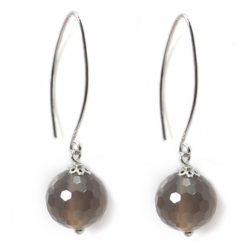 Earring silver 925 gray agate round faceted 12mm x 2pcs 