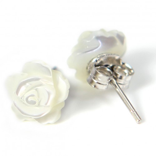 Earring : white shell flower & silver 925 8mm x 2pcs