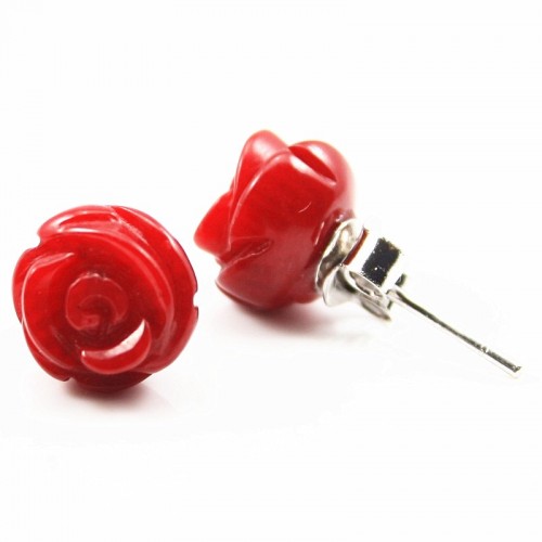 925 silver earring Bamboo Flower Sea Red Hue 10mm x 2pcs