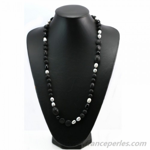 Lava stone and gray freshwater pearls nacklace 100cm