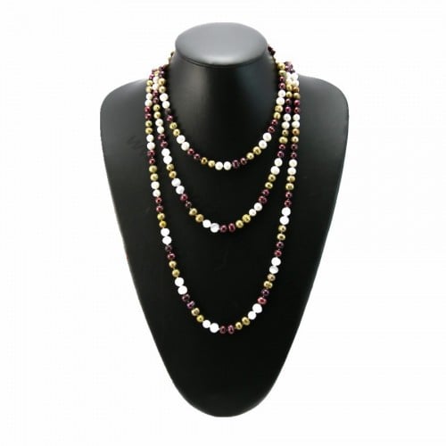 Long necklace pearls of fresh water white Bordeaux khaki 160cm