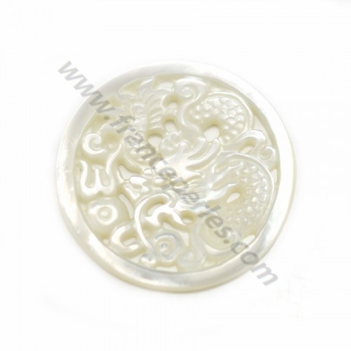 Gray round mother-of-pearl with dragon design 35mm x 1pc