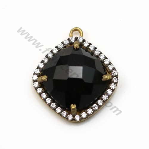 Faceted rhombus black spinel set in gold-plated silver with zirconium 15mm x 1pc
