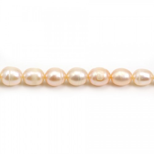 Salmon freshwater cultured pearl, olive shape 6.5-7.5mm x 36cm