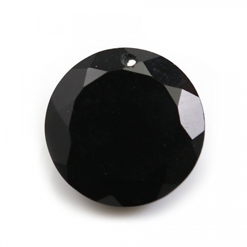 Pendant in agate of black color, in shape of round faceted, 15mm x 1pc