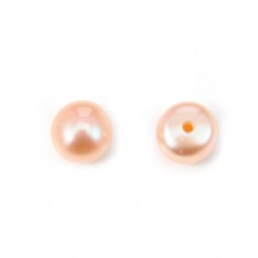 Salmon color half-drilled flattened round freshwater cultured pearls 5.5-6.5mm x 2pcs