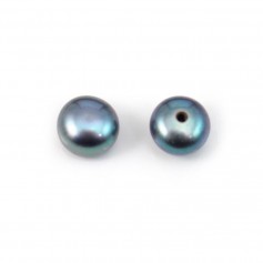 Half-drilled flattened round dark blue freshwater cultured pearls 6mm x 2pcs