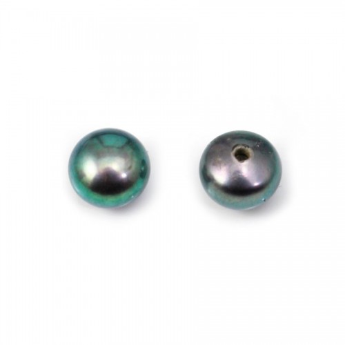 Perles de culture d'eau douce, semi-percée, bleu foncé, bouton, 7-7.5mm x 2pcs