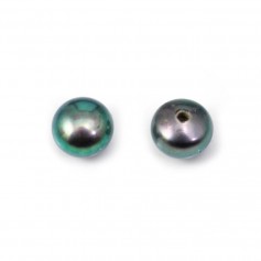 Half-drilled flattened round dark blue freshwater cultured pearls 7-7.5mm x 2pcs