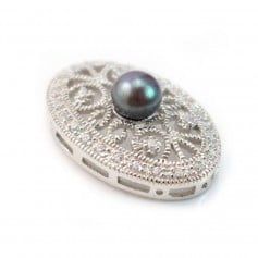 Ovale Spange aus rhodiniertem 925er Silber & Strass für halbdurchbohrte Perle 23.7x15.6mm x 1Stk