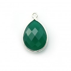 Faceted drop-shape green agate set in silver 13x17mm x 1pc