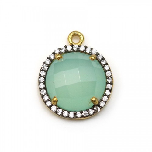 Faceted round blue chalcedony set in silver 925 gold-plated with zirconium 15mm x 1pc