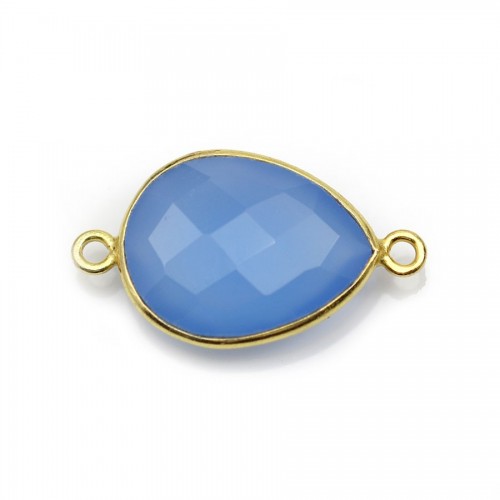Gota de calcedonia azul facetada engastada en plata dorada 2 anillos 13x17mm x 1pc
