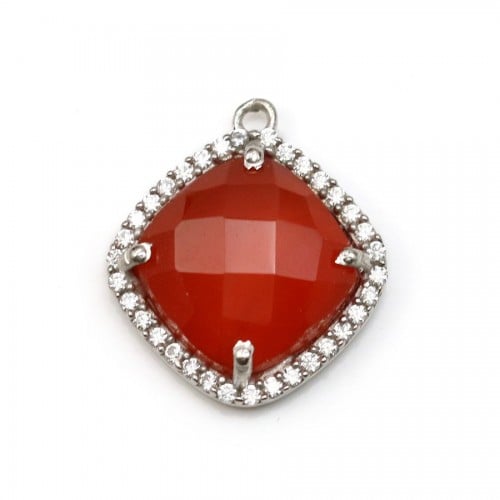 Faceted rhombus carnelian set in 925 silver with zirconium 15mm x 1pc