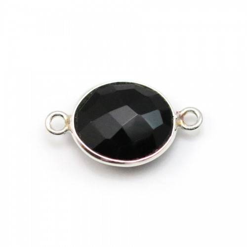 Ágata negra ovalada, 2 anillos, engastada en plata, 11x13mm x 1pc