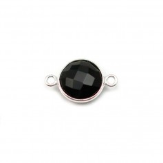 Agata negra forma redonda, 2 anillos engastados en plata 9mm x 1pc