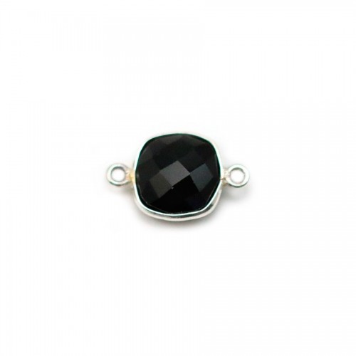 Agate in black color, in shape of square, 2 rings set in silver 9mm x 1pc