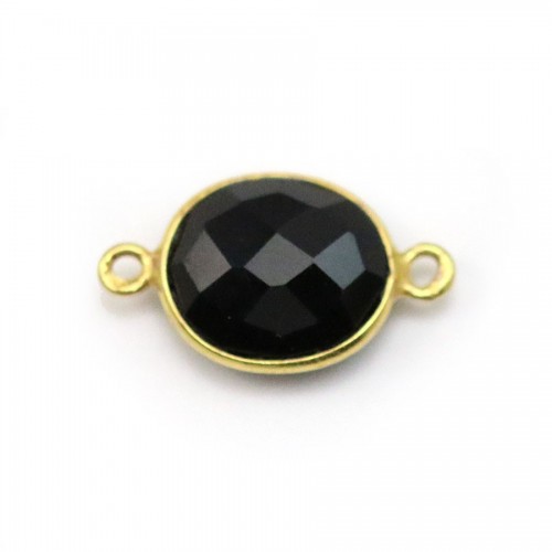 Agate noir de forme ovale, 2 anneaux, sertie en argent doré, 11x13mm x 1pc