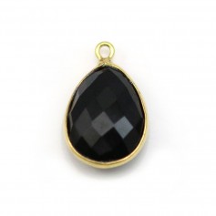 Agate noir en forme de goutte, 1 anneau, sertie en argent 925 doré à l'or fin, 13x17mm x 1pc