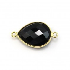 Agate noir en forme de goutte, 2 anneaux, sertie en argent 925 doré à l'or fin, 13x17mm x 1pc
