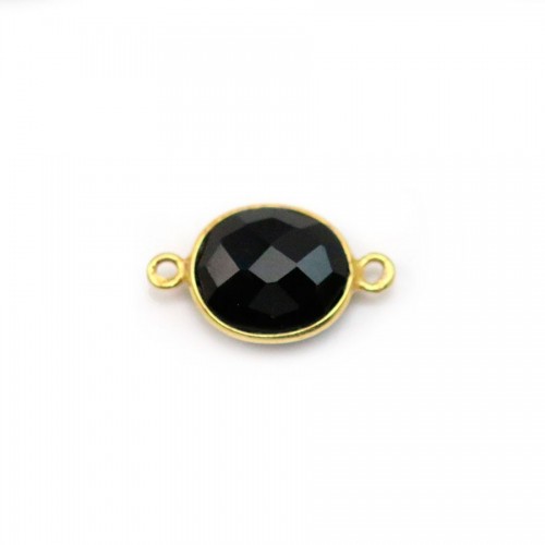 Agate noir de forme ovale, 2 anneaux, sertie en argent doré, 9x11mm x 1pc