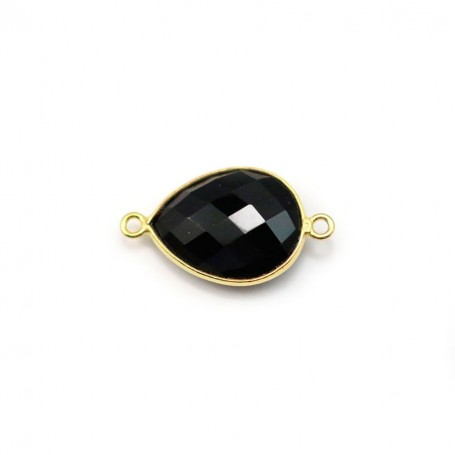 Agate noir en forme de goutte, 2 anneaux, sertie en argent doré, 11x15mm x 1pc