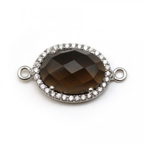 Faceted oval smoky quartz set in silver with zirconium 13x17mm x 1pc