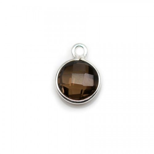 Faceted round smoky quartz set in silver 11mm x 1pc