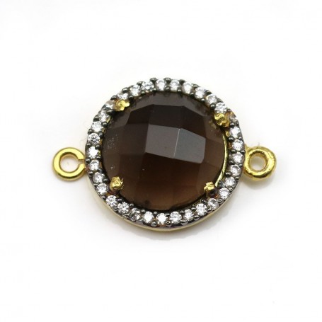 Faceted round smoky quartz set in gold-plated silver with zirconium 15mm x 1pc