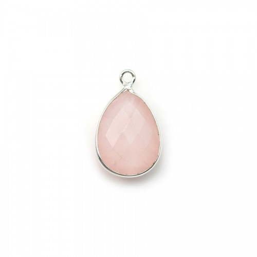 Facet de gota de quartzo rosa, 1 anel, com 11x15mm x 1pc de prata