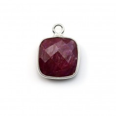 Treated ruby color stone set on silver square faceted 11mm x 1pc