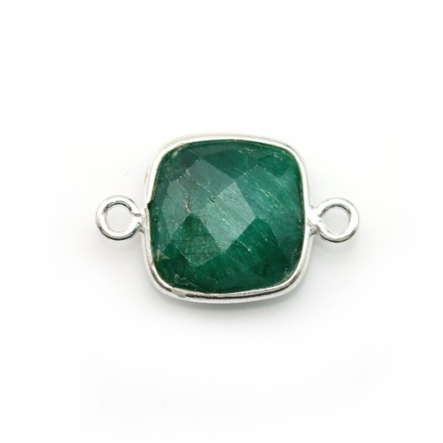 Emerald color treated stone set on faceted cushion cut silver with 2 rings 11mm x 1pc