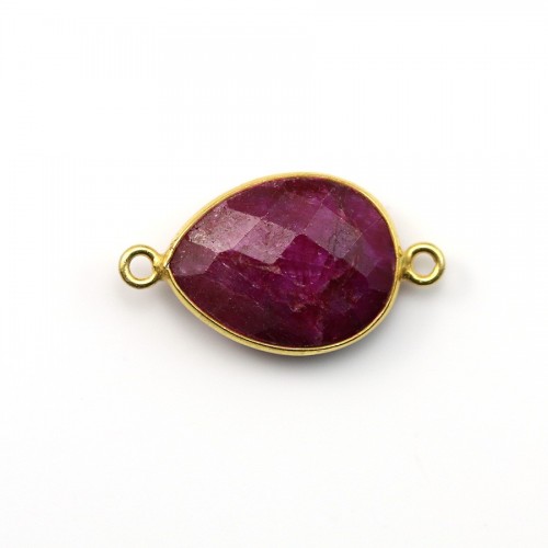 Gemstone treated with 2 rings ruby color set on silver gold faceted drop 13x17mm x 1pc