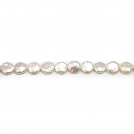 Silvery white flat round freshwater pearls on thread 11mm x 40cm