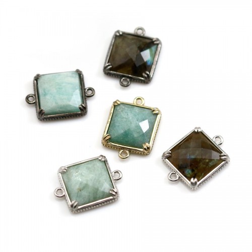 Labradorite spacer set in metal, in shape of square, 14mm x 1pc