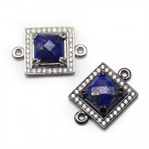 Intercalaire en lapis lazuli, sertie en métal & zirconium, de forme carré, 13mm x 1pc