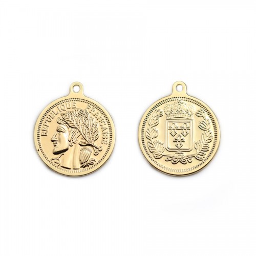 Pendant in the shape of a 20mm coin, plated with "gold flash" on brass x 2pcs