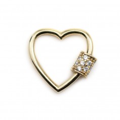 Screw-on clasp with zircons, heart-shape, plated by "flash" gold on brass x 1pc