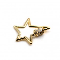 Screw-on clasp with zircons, star-shape, plated by "flash" gold on brass x 1pc