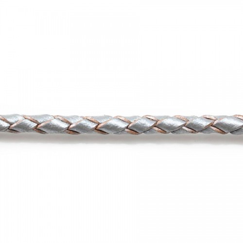 Silver metallized Braided leather cord 3.0mm x 50cm
