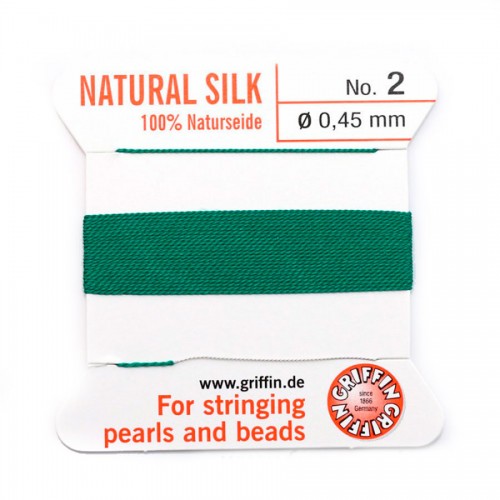 Silk bead cord 0.45mm with needle attached green x 2m