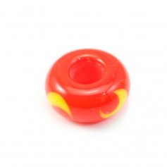 Perle en verre rouge avec lunes jaunes 13.5mm x 1pc