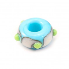 Perle en verre bleu, vert & blanc 5 ronds 14.8mm x 1pc