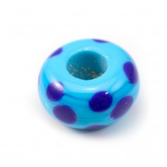 Perle en verre bleu ciel avec ronds bleu marine 14mm x 1pc