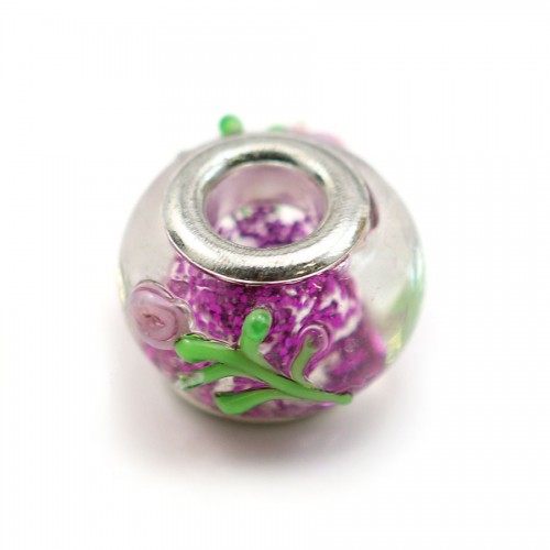 Cuenta Pandora de cristal, rellena de purpurina rosa 14mm x 1pc