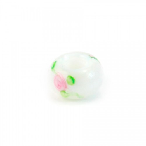 Pandora milk white & rose & green 14mm x 1pc