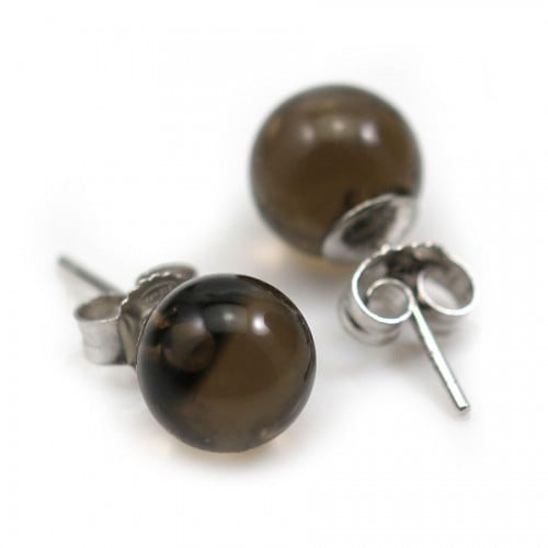 Smoked quartz earring, in size of 8mm, rhodium 925 silver x 2pcs