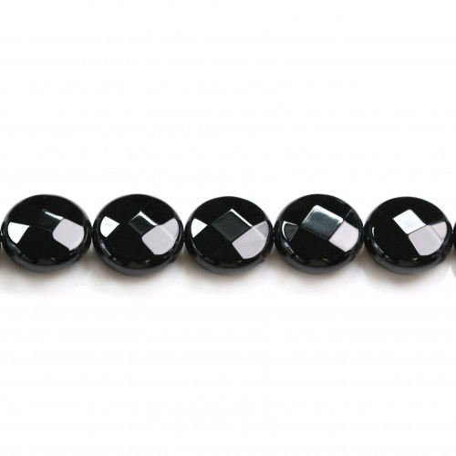 Onyx black, round flat faceted, 12mm x 40cm